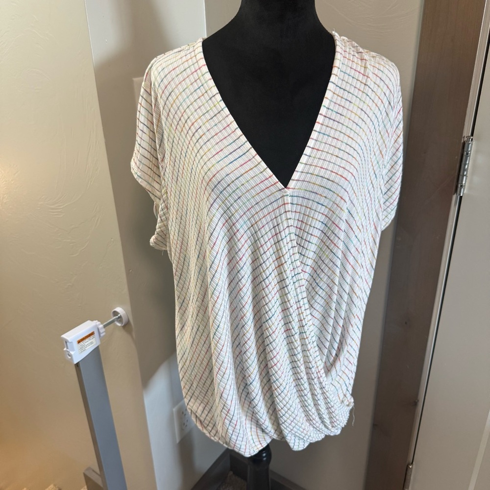 Christopher & Banks Faux Wrap Front Stretchy White Rainbow Stripe Blouse Top 1X